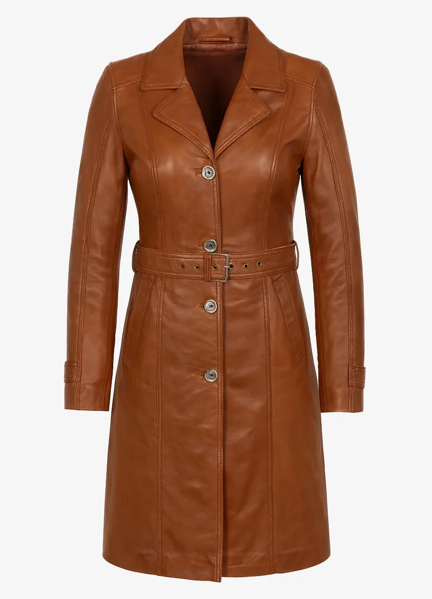 Ladies long leather brandy Trenchcoat