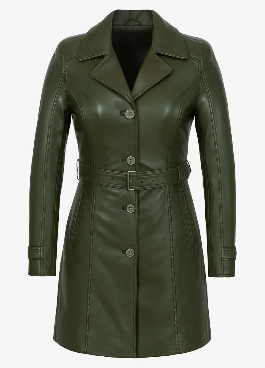 Ladies long leather green Trenchcoat